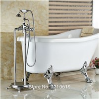 Newly Floor Type Chrome Bath Shower Mixer Faucet Tap Telephone Style Bathtub Faucet w/ Hand Sprayer Dual Handles