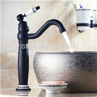 Black Antique Brass Retro Bathroom Basin Sink Mixer Taps with blue and white porcelain Swivel Spout Tall Faucet B3220