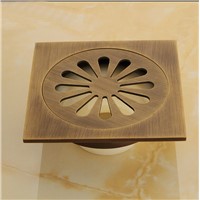 Fashion hot 10*10cm Vintage Artistic Brass Bathroom Square Shower Floor Drain Trap Waste Grate With Hair Strainer FES-9810G