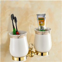 Wholesale And Retail Luxury Bathroom Accessories Tooth Brush Holder Dual Ceramic Cups Crystal Hangers Solid Brass Holder Tumbler