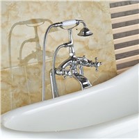 Chrome Brass Free Standing Tub Filler Ceramic Hand Shower Bathroom Tub Faucet