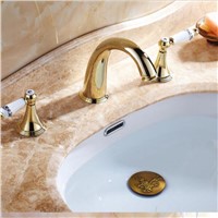 Wholesale And Retail Golden Brass Bathroom Faucet Widespread Vanity Sink Mixer Tap Ceramic Handles Deck Mounted 8&quot; Sink