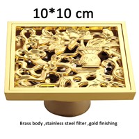 Solid Brass Square Floor Drain Art Carved Shower Ground Drainer,  10*10 cm , gold finishing