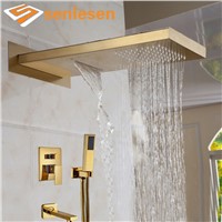 Wholesale And Retail Luxury Golden Shower Head 3 Ways Valve Mixer Rainfall &amp;amp;amp; Waterfall Shower Faucet Tub Spout W/ Hand Shower