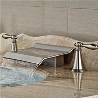 Brushed Nickel Waterfall Spout Dual Handles Bathroom Sink Basin Mixer Faucet Deck Mount 3 Holes