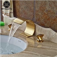 Creative Deck Mount Waterfall Basin Faucet Double Handle Mixer Tap Golden Brass Hot Cold Faucet