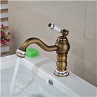 Wholesale And Retail Blue and White Porcelain Antique Brass Bathroom Basin Faucet Single Handle Hole Sink Mixer Tap