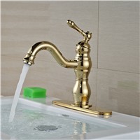 Wholesale And Retail Golden Wash Basin Deck Mounted Bathroom Basin Faucet  Single Handle Vanity Mixer Tap W/ Cover Plate