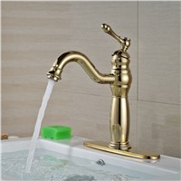 Wholesale And Retail Luxury Golden Deck Mounted Bathroom Basin Faucet Single Handle Sink Mixer Tap W/ Cover Plate