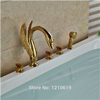 Uythner Newly Luxury Swan Bathroom Shower Faucet Set w/ Hand Sprayer Gold Plate Bathtub Mixer Faucet Tap Deck-mount