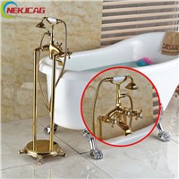 Floor Mount Freestanding Golden Bathtub Filler Bath Tub Mixer Faucet Dual Cross Handles