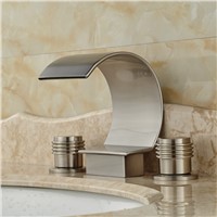 Dual Handle Waterfall Spout Basin Faucet Brushed Nickel 3 Holes Widespread Mixer Taps