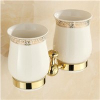 European Style Double Cup Holder Toothbrush Holder with Ceramic Cups Gold Brass Solid Brass Rack Tumbler Holder Wall Mounted