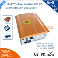 780w 24V Hybird Wind Solar Controller Inverter 600W Wind + 180w Solar with Pure Sine Wave Inverter 90% Efficiency Yellow