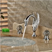 Bright Chrome Brass Dual Handle Basin Mixer Taps Cristal Handles Widespread Bathroom Faucet Swan Style