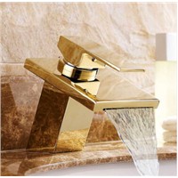 fashion gold brass single lever hot and cold bathroom waterfall basin faucet glass faucet sink mixer