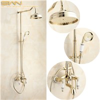 Brass Bathroom Shower Faucet Mixer Tap Rainfall Hand Shower Head Pattern Ceramic Handheld Shower Set Gold Color Finish 1711015A