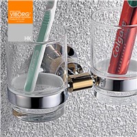 Viborg Luxury Brass Bathroom Wall Mounted Double Toothbrush Cup Holder with 2 Glass Toothbrush Cups, Chrome+24k Gold