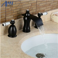 3Pcs Waterfall Faucet Blacked Basin Faucets Deck Mounted Bathroom Tap Sink or Bathtub Faucet  Double handles Faucet BA07