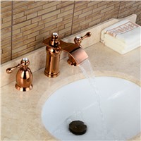 3Pcs Waterfall Faucet Rose Golden Polished Basin Faucets Deck Mounted Bathroom Tap Bathtub Faucet  Double handles Faucet BA15