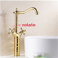 Luxury wash basin faucet hot and cold basin taps total copper dual handle single hole sink mixer gold with 50cm plumbing hose
