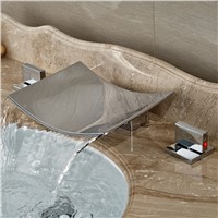 Deck Mount Ceramic Cartridge Dual Handle Basin Faucet Dhrome Brass Waterfall Spout Bathroom Mixer Taps