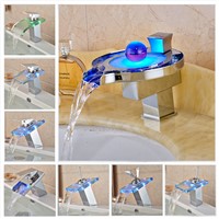 LED Faucet  Basin Sink Faucet RGB Colors Deck Mount Brass LED Waterfall Taps Mixer Tap Chrome Finish