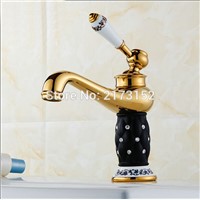 Royal Gold Plated Single Ceramic Handle Bathroom Faucet Ceramic Holder Black Ceramic Body Basin Sink Mixer Tap G-054