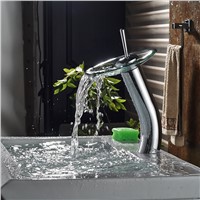 Round Glass Waterfall Spout Bathroom Basin Faucet 1 Hole Hot Cold Sink Mixer Tap