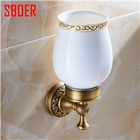 Contemporary antique Brass Wall Mounted single Tumbler Holder with Ceramic Cup toothbrush holders