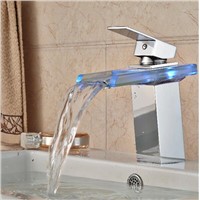 Led Bathroom washbasin glass faucet waterfall Glass Bathroom led Basin Chrome Mix Tap Sink Faucet without battary