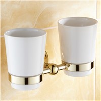 Luxury Gold Solid Brass Zirconium Toothbrush Holder Antique Plated Double Tumbler Ceramic Cup Bathroom Accessories YX2