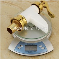 Fancy Shape Grilled White Painted Bathroom Waterfall Faucet Gold Handle Gold Holder Brass Basin Sink Mixer Tap W-025
