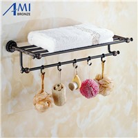 Twin Flowers Series Carving Black Brass Towel Rack Towel Shelf  With Single Towel Bar Hooks Wall Mounted Bathroom Accessories