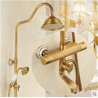 Luxury High Quality Bathroom Antique Brass Rain Shower Set, Thermostatic Shower Faucet Bath &amp;amp;amp; Shower Faucet Set, Wall Mounted