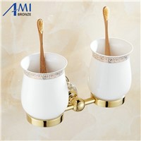 61 Crystal Series Golden Polish Copper Toothbrush Double Cup &amp; Tumbler Holders Continental Bathroom Accessories Cup Shelf