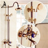 Shower Faucets Retro Brass Wall Mounted Bathroom Faucet Set 8&amp;amp;quot; Big Round Rain Shower Head Handheld Bar Bath Mixer Taps SM-042612