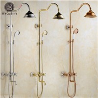 3-Colors In-wall Adjust Height 8&amp;amp;quot; Rain Shower Faucet Set Single Handle Rotation Tub Spout Bath and Shower Mixers + Handshower