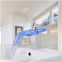 Water LED Bathroom Tap Faucet Temperature Color Changing Waterfall Deck Mount Bathroom Sink Faucet