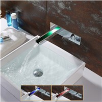Wall mounted LED waterfall basin faucet brass chrome bathroom faucet 3 colors change by temperature water power supply