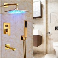 LED Light Color Changing Gold Finish 12&quot; Brass Shower Head with Tub Spout &amp; ABS Handshower