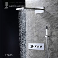 Luxury Hot and Cold rmostatic shower Brass 4 Functions Waterfall &amp;amp;amp; Rain Shower Faucet Set with Handshower Chrome Wall Mounted