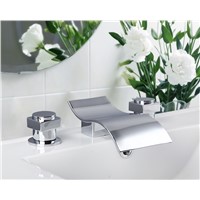 Waterfall Spout Bathroom Faucet Double Handle 3 Hole Vanity Sink Mixer Tap Deck Mounted Polish Chrome Faucet Set