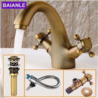 Antique Brass Double Handle Bathroom Basin Faucet,Hot And Cold Water Sink Faucet Bath Accessories