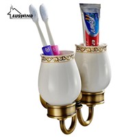 European Antique Cup &amp;amp;amp; Tumbler Holders Brass Carved Gold Double Cup Toothbrush Holder Pvd Coating Bathroom Products AC