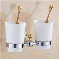 Modern Flower Tumbler Holder Double Cup toothbrush nholder Silver Polish Cup Holder with Gold Decoration Bathroom Accessories
