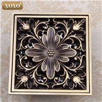 XOXO 4&amp;amp;quot; 10*10cm Euro Square Antique Brass Art Carved Flower Bathroom Sanitary Floor Drain Waste Grate New drain sink DL32-1