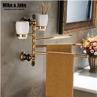 Luxury Movable Towel Bar with double cup holder,solid brass golden Towel Holder Gold Bath towel bar with teeth cups