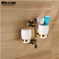 Luxury golden brass three cup holder luxury style Golden copper toothbrush double tumbler 3pcs cup holder wall bath cup rack