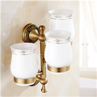 European Carved Bronze Cup Holder Antique Solid Brass Toothbrush Holder with Three Ceramic Cups Bathroom Products Accessories r5